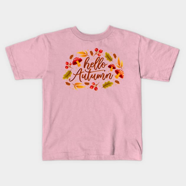 Hello Autumn Mushroom Kids T-Shirt by Mako Design 